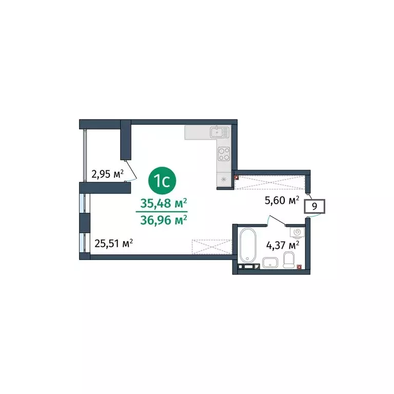 Квартира-студия: Дударева, улица Сергея Джанбровского, 27к3 (35.48 м) - Фото 1