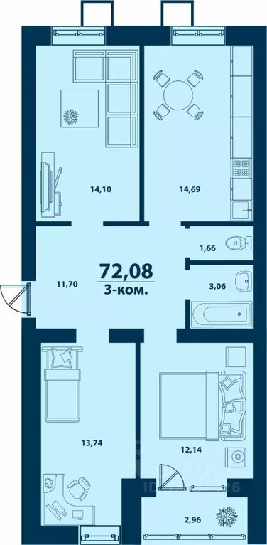 3-к кв. Башкортостан, Уфа ул. Ивана Спатара, 18 (72.08 м) - Фото 1