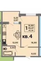 1-к. квартира, 39 м, 1/7 эт. - Фото 0