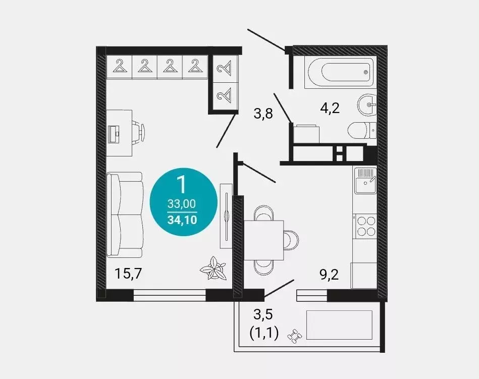 1-к кв. Краснодарский край, Новороссийск ул. Куникова, 47Д (34.0 м) - Фото 1