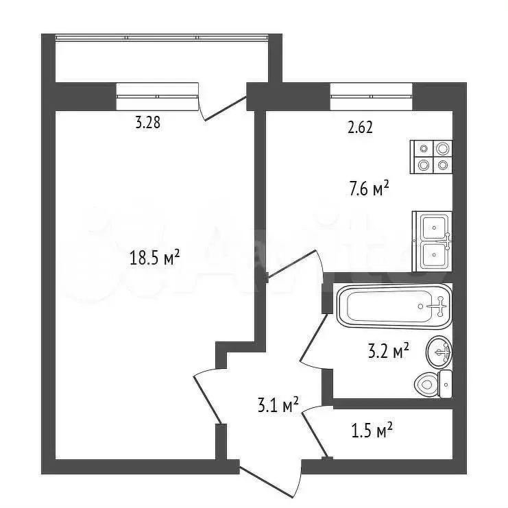 1-к. квартира, 34,4 м, 3/5 эт. - Фото 0