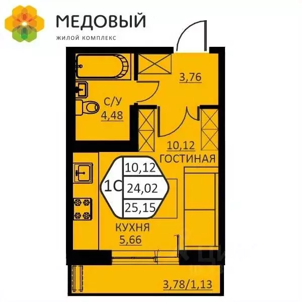 1-к кв. Пермский край, д. Кондратово ул. Н.М. Яблокова, 2 (25.15 м) - Фото 0
