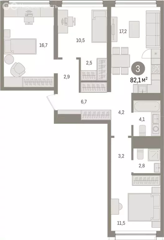 3-комнатная квартира: Тюмень, Мысовская улица, 26к1 (82.14 м) - Фото 1