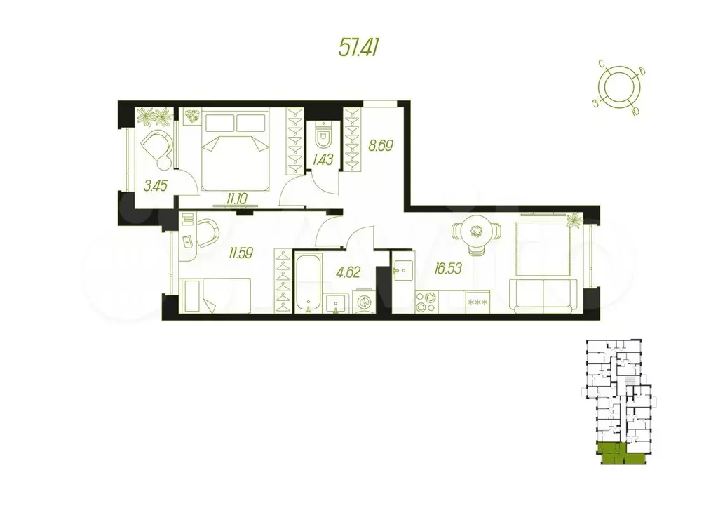 2-к. квартира, 57,4 м, 6/9 эт. - Фото 1