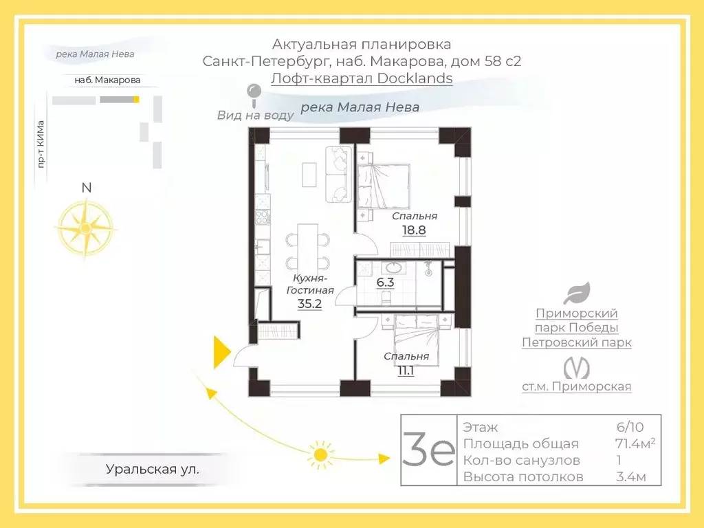 2-к кв. Санкт-Петербург наб. Макарова, 58с2 (71.4 м) - Фото 1