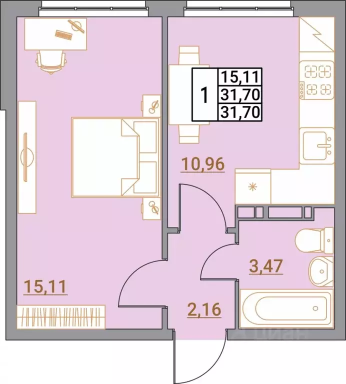 1-к кв. Волгоградская область, Волгоград Удмуртская ул., 75 (31.7 м) - Фото 1