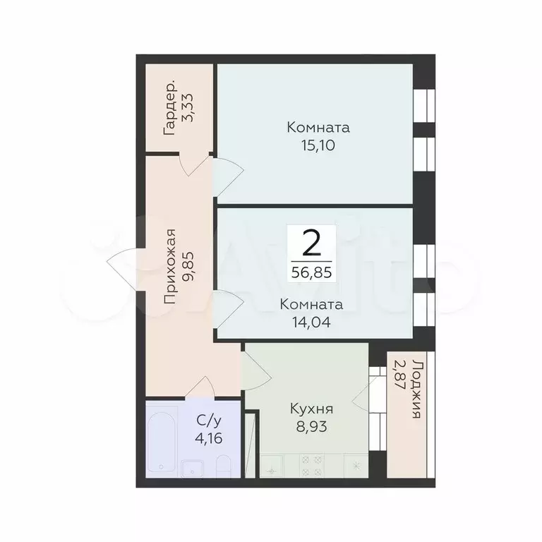2-к. квартира, 56,9 м, 6/24 эт. - Фото 0
