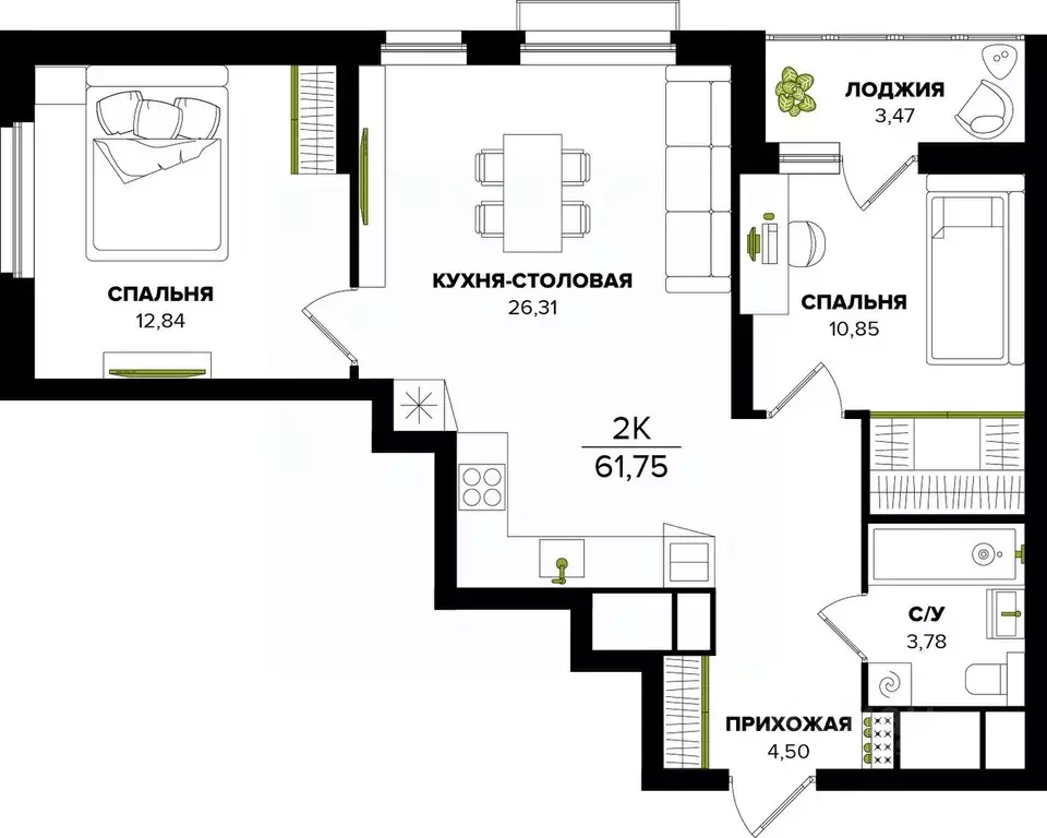 2-к кв. Тульская область, Тула  (61.75 м) - Фото 0