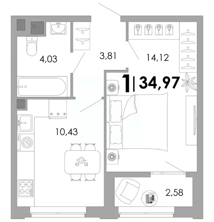 1-к кв. Владимирская область, Владимир Уно жилой комплекс (34.97 м) - Фото 1