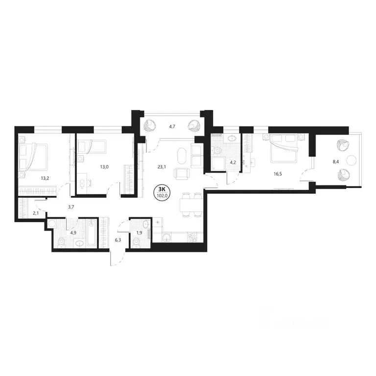 3-к кв. Тюменская область, Тюмень ул. Разведчика Кузнецова, 16 (102.0 ... - Фото 0