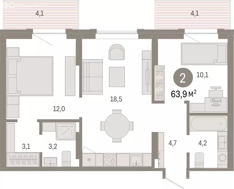 2-комнатная квартира: Омск, Кировский округ (63.94 м) - Фото 1