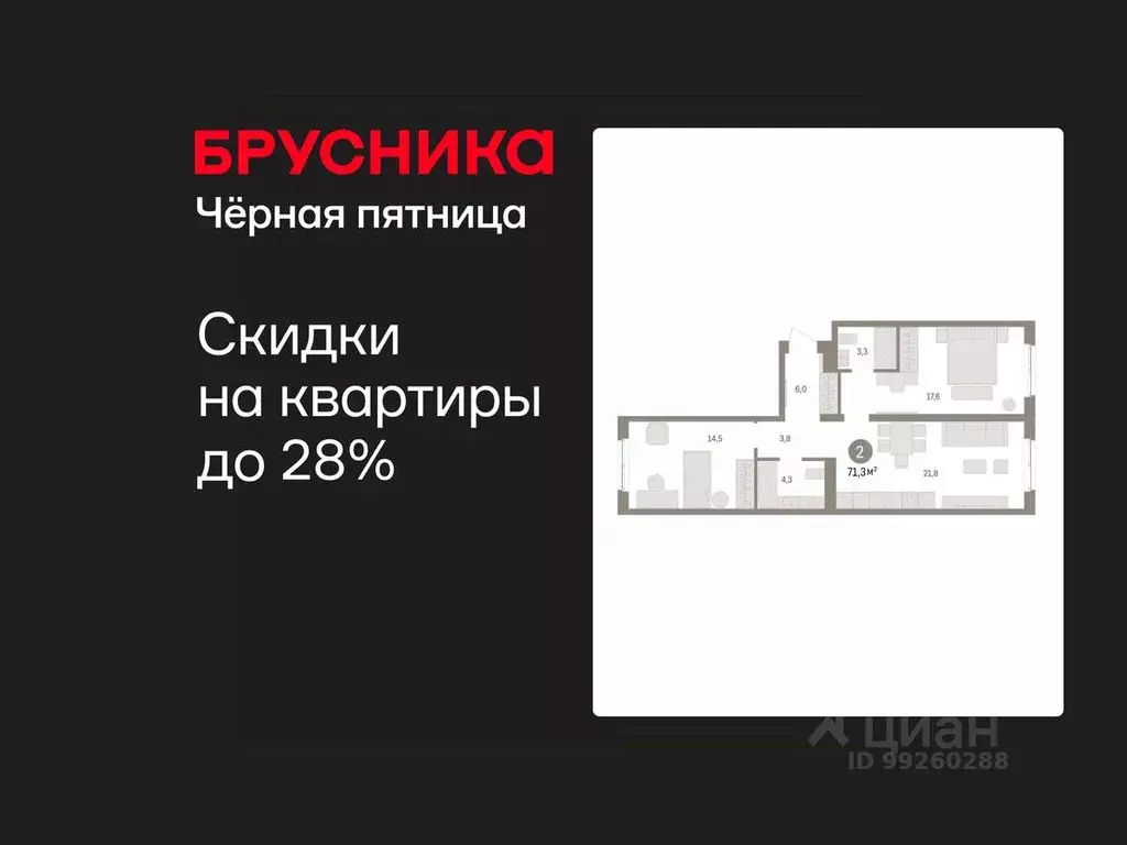 2-к кв. Свердловская область, Екатеринбург пер. Торфяной, 4 (71.3 м) - Фото 1