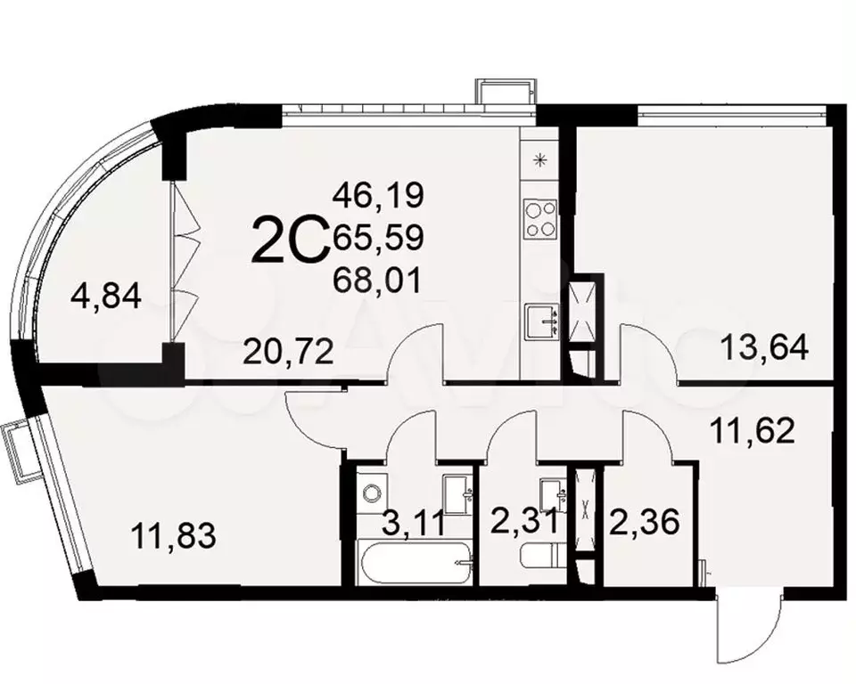 2-к. квартира, 68 м, 1/16 эт. - Фото 1