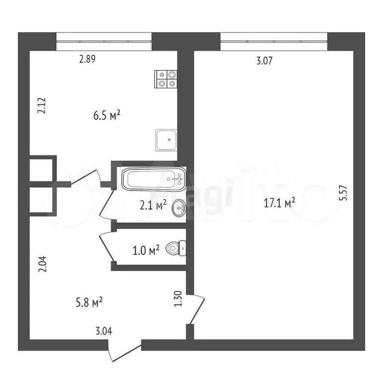 1-к. квартира, 33,3 м, 4/4 эт. - Фото 0