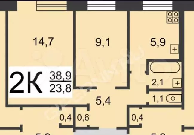 2-к. квартира, 38,9 м, 1/5 эт. - Фото 0