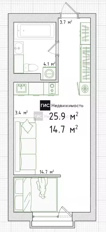 Студия Новосибирская область, Новосибирск ул. Державина, 50 (25.9 м) - Фото 1