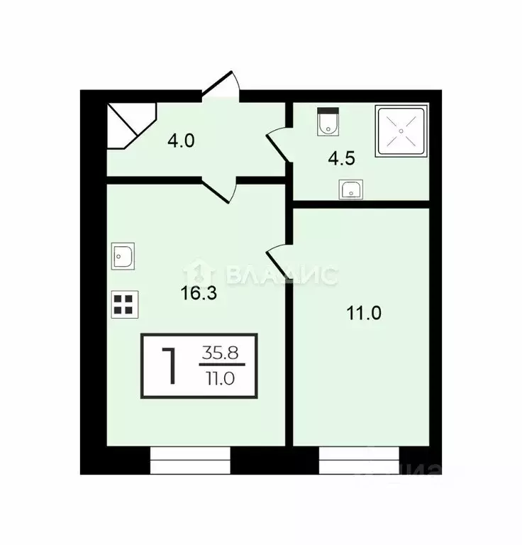 Квартира, 1 комната, 35.79 м - Фото 1
