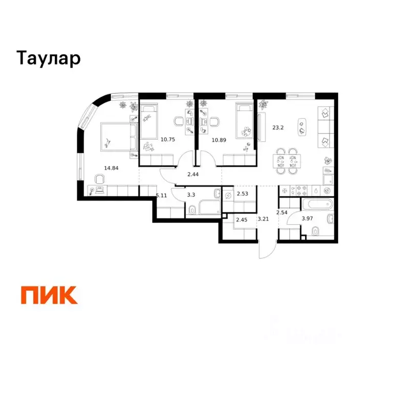 3-к кв. Татарстан, Казань Таулар жилой комплекс, 3 (85.23 м) - Фото 1