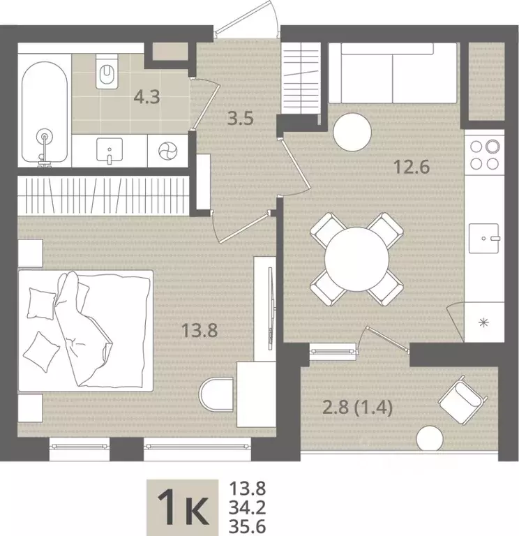 1-к кв. Калининградская область, Пионерский пос. Рыбное,  (35.6 м) - Фото 1