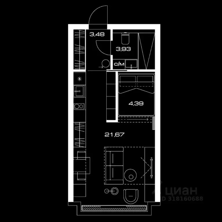 Студия Москва Ленинский просп., 38 (33.6 м) - Фото 1
