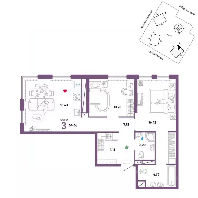 3-к кв. Свердловская область, Екатеринбург тракт Сибирский, 24Д (64.63 ... - Фото 1