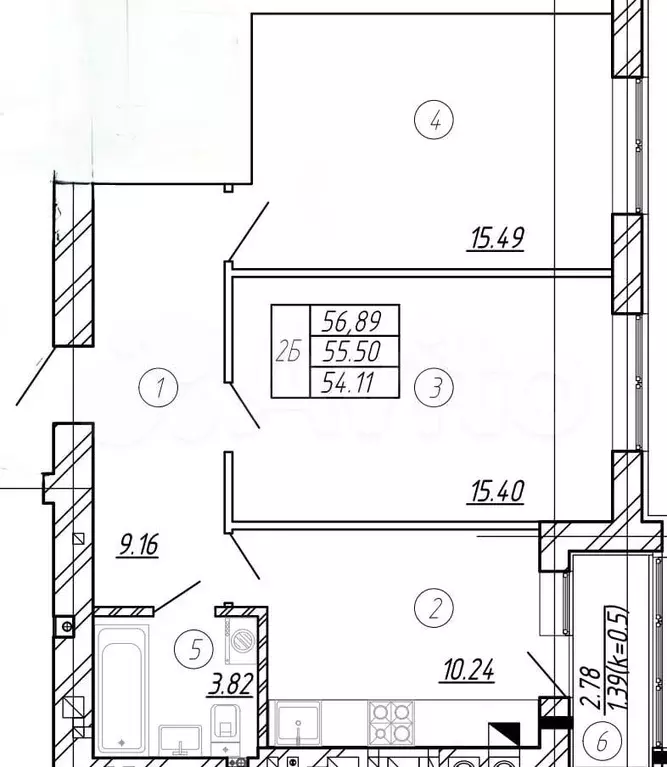 2-к. квартира, 55,5 м, 6/9 эт. - Фото 1