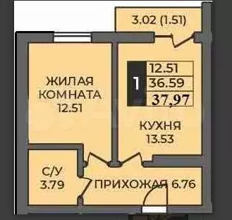 1-к. квартира, 38 м, 4/12 эт. - Фото 0