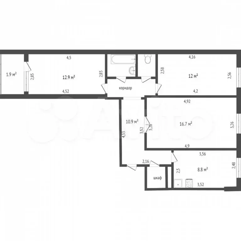 3-к. квартира, 66,5 м, 3/9 эт. - Фото 0