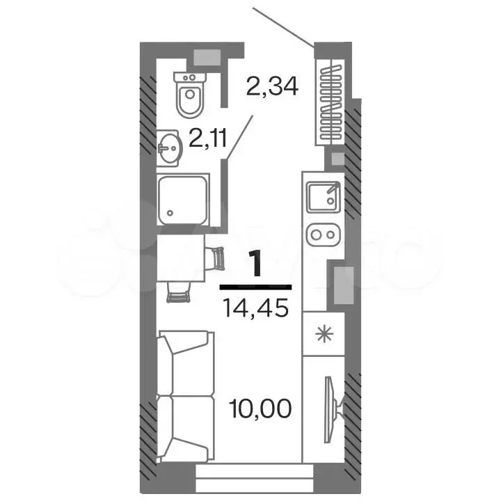1-к. квартира, 14,5 м, 8/25 эт. - Фото 1