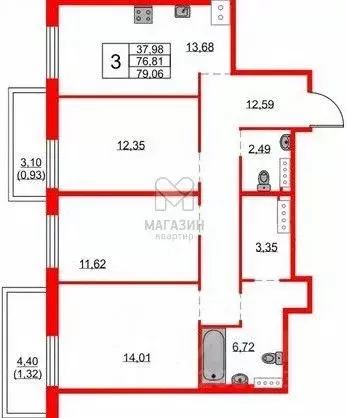 3-к кв. Санкт-Петербург наб. Реки Каменки, 13к3 (79.0 м) - Фото 1