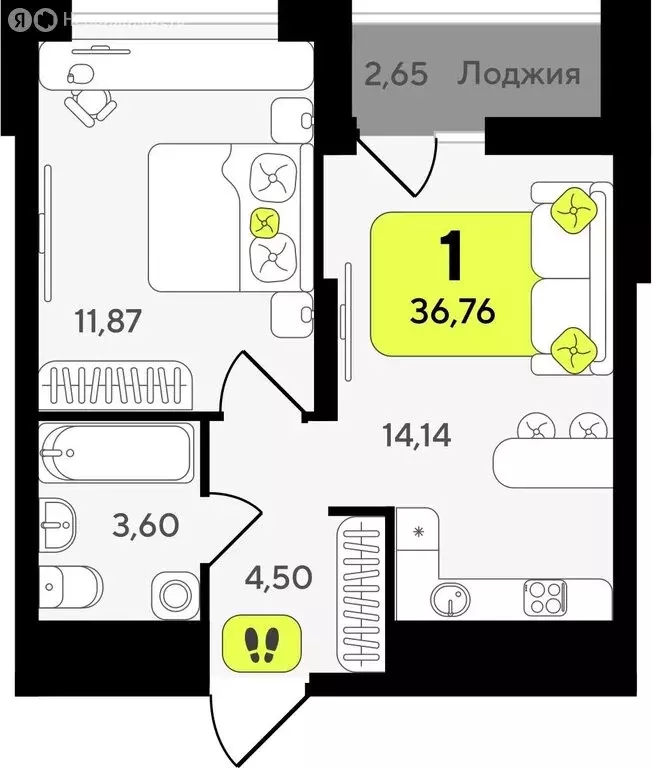 1-комнатная квартира: Тюмень, жилой комплекс Окинава (36.76 м) - Фото 0