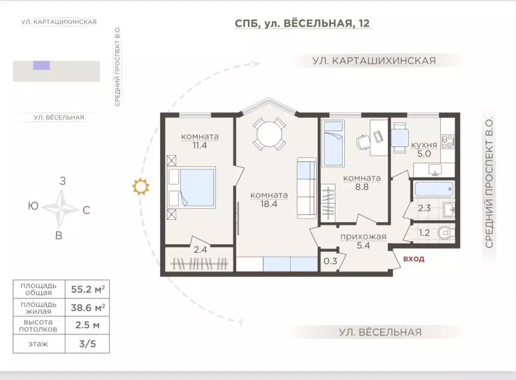 3-к кв. Санкт-Петербург Весельная ул., 12 (55.0 м) - Фото 0