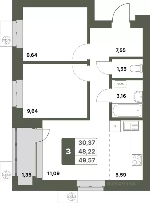 3-к кв. Башкортостан, Уфимский район, с. Миловка  (49.57 м) - Фото 1