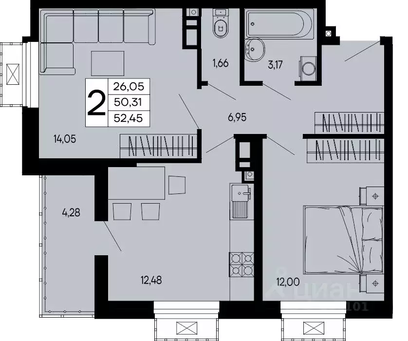 2-к кв. Адыгея, Майкоп 9 Мая ул. (52.45 м) - Фото 1