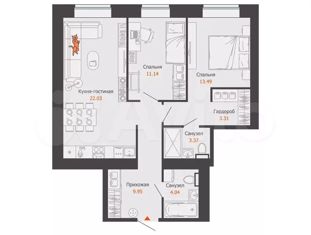 2-к. квартира, 67 м, 2/8 эт. - Фото 0