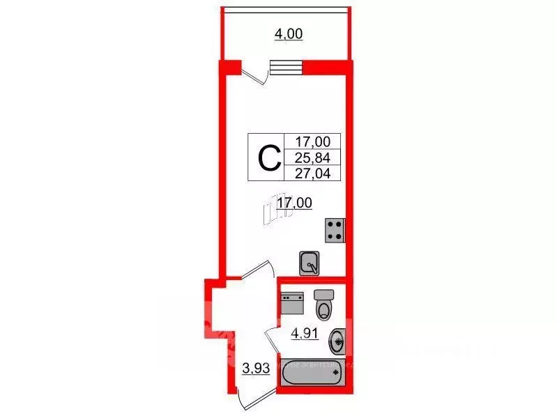 Студия Санкт-Петербург ул. Орджоникидзе, 52 (25.2 м) - Фото 1