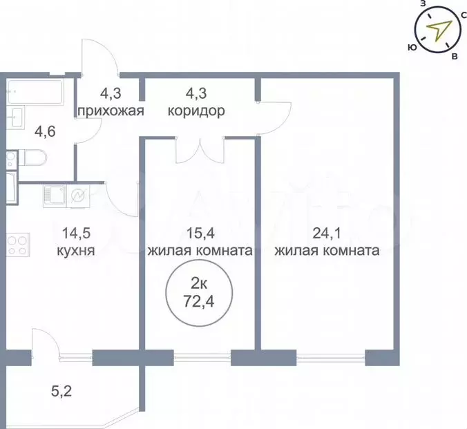 2-к. квартира, 72,4м, 14/21эт. - Фото 0