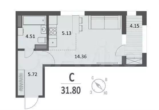 Квартира-студия, 31,8 м, 4/16 эт. - Фото 0