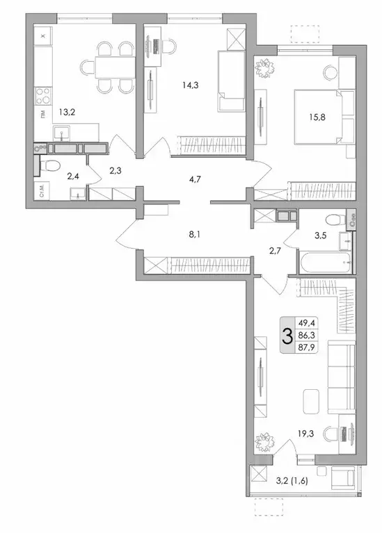 3-к кв. Воронежская область, Воронеж ул. Шишкова, 140Б/16 (87.9 м) - Фото 0