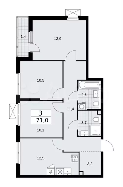 3-к. квартира, 71м, 2/16эт. - Фото 1