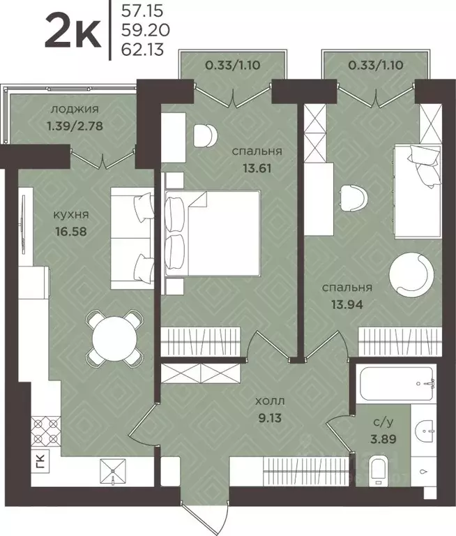 2-к кв. Калининградская область, Гурьевск  (59.2 м) - Фото 1