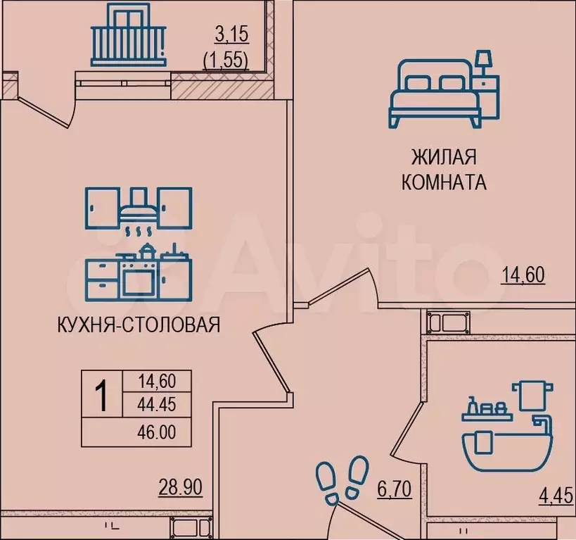 1-к. квартира, 46м, 4/12эт. - Фото 1