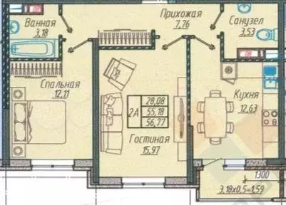 2-к. квартира, 55,8 м, 8/9 эт. - Фото 0