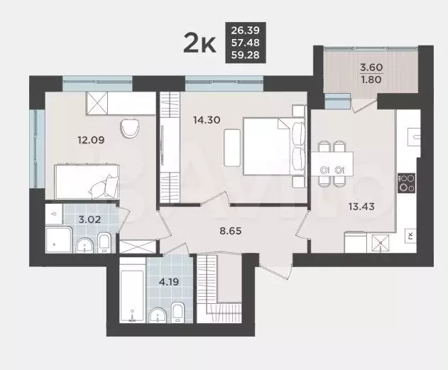 2-к. квартира, 57,5 м, 3/9 эт. - Фото 1