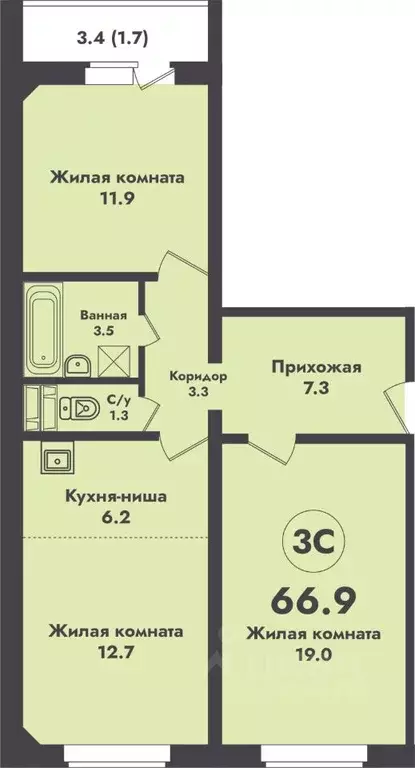 3-к кв. Новосибирская область, Новосибирск ул. Объединения, 4 (66.9 м) - Фото 0