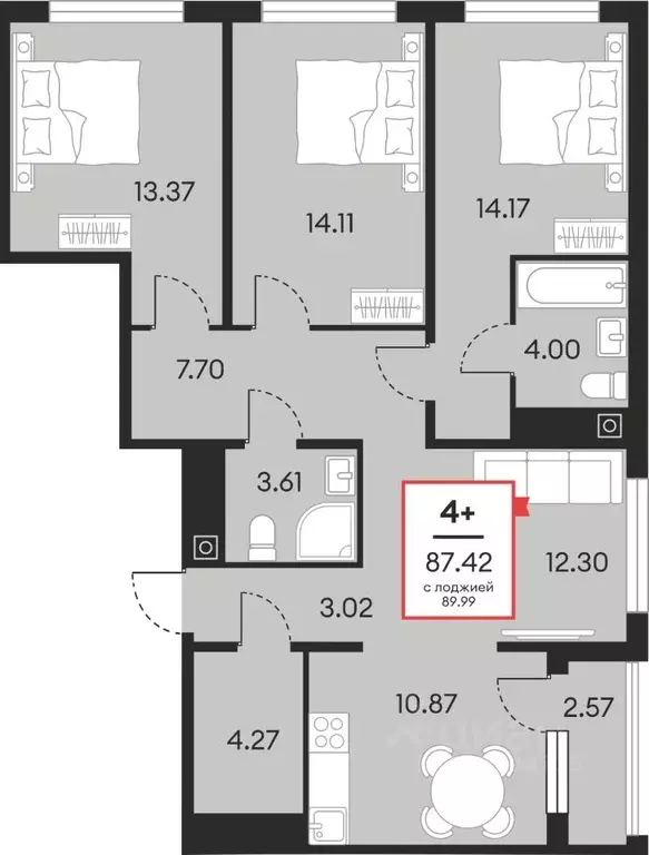 4-к кв. Ханты-Мансийский АО, Нефтеюганск ул. Нефтяников, 48А (87.42 м) - Фото 1
