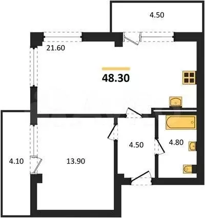1-к. квартира, 48,3 м, 7/9 эт. - Фото 1