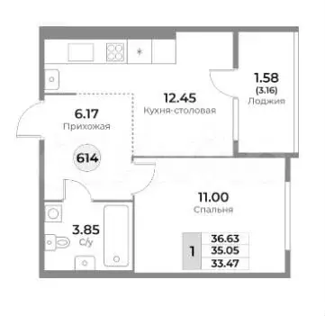 1-к. квартира, 35,1 м, 7/10 эт. - Фото 1