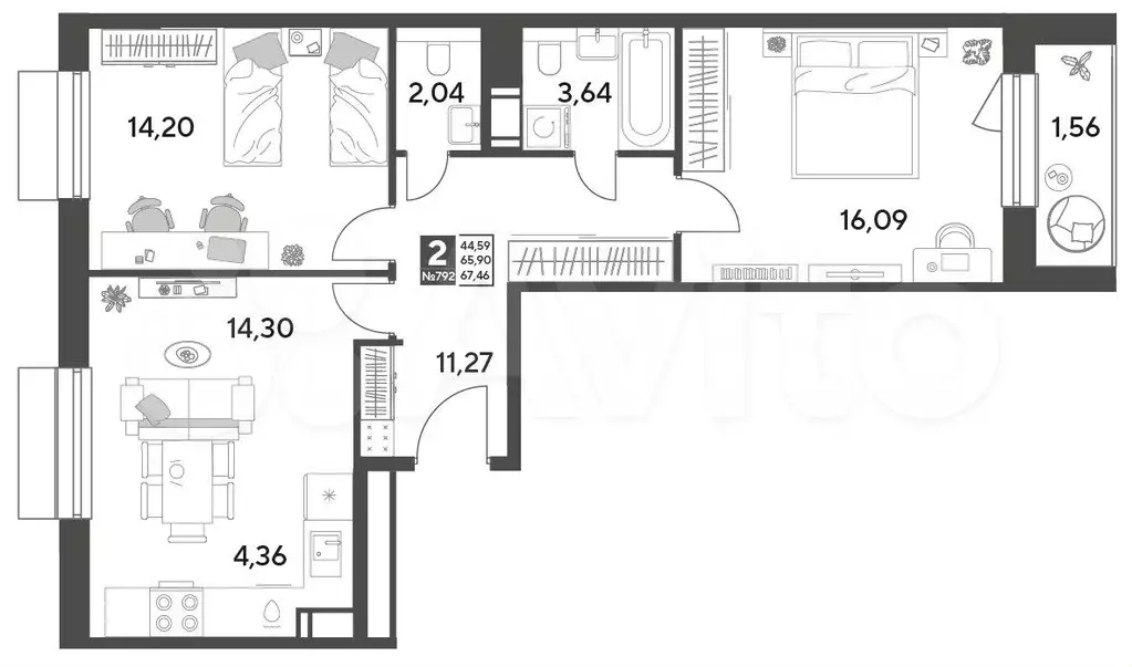 2-к. квартира, 67,5 м, 7/12 эт. - Фото 0