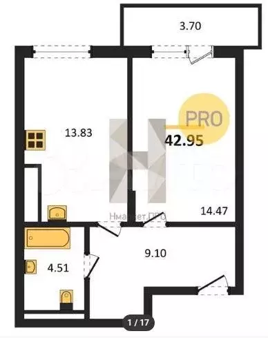 1-к. квартира, 43 м, 7/7 эт. - Фото 1